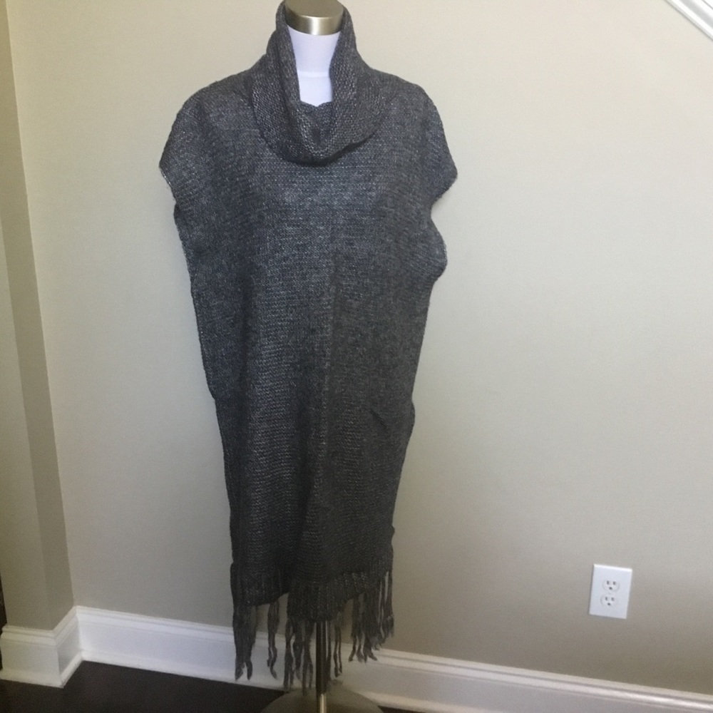 WILD BLOSSOMS navy cowl neck fringe sweater tunic M/L
